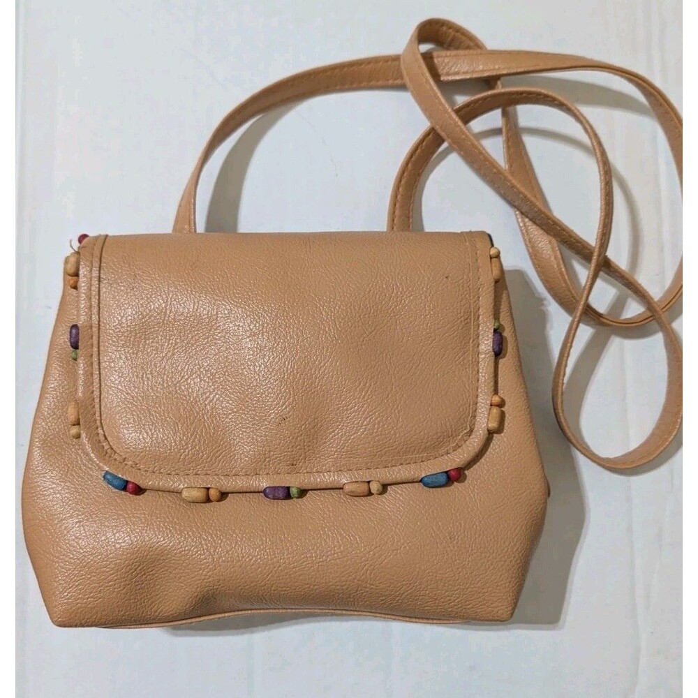 Vintage 80s Sasson Tan Faux Leather Crossbody Bag Wood Bead Trim OK Hand Logo